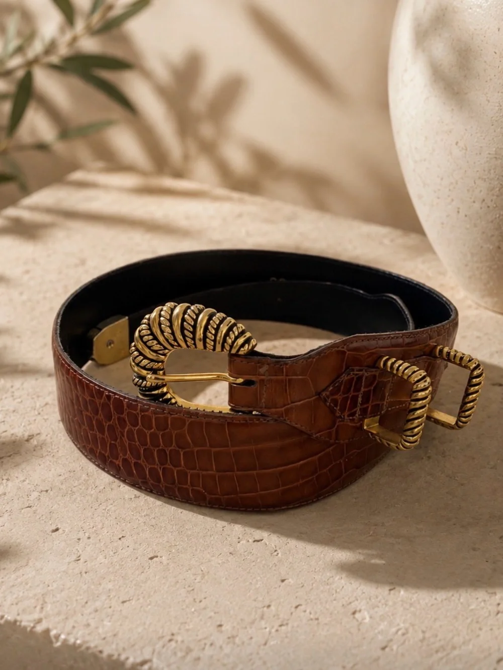 Vintage Vicenza Brown Leather Belt with Gold Hardware